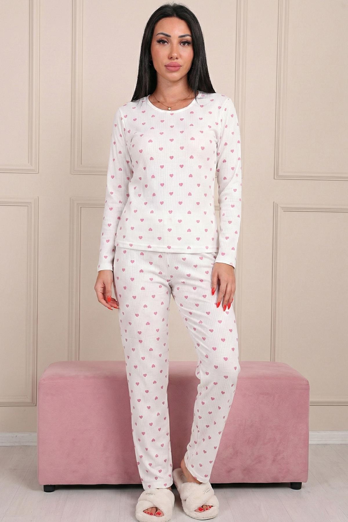 Kadın Kalp Desenli Soft Fitilli Pamuklu Pijama Takımı