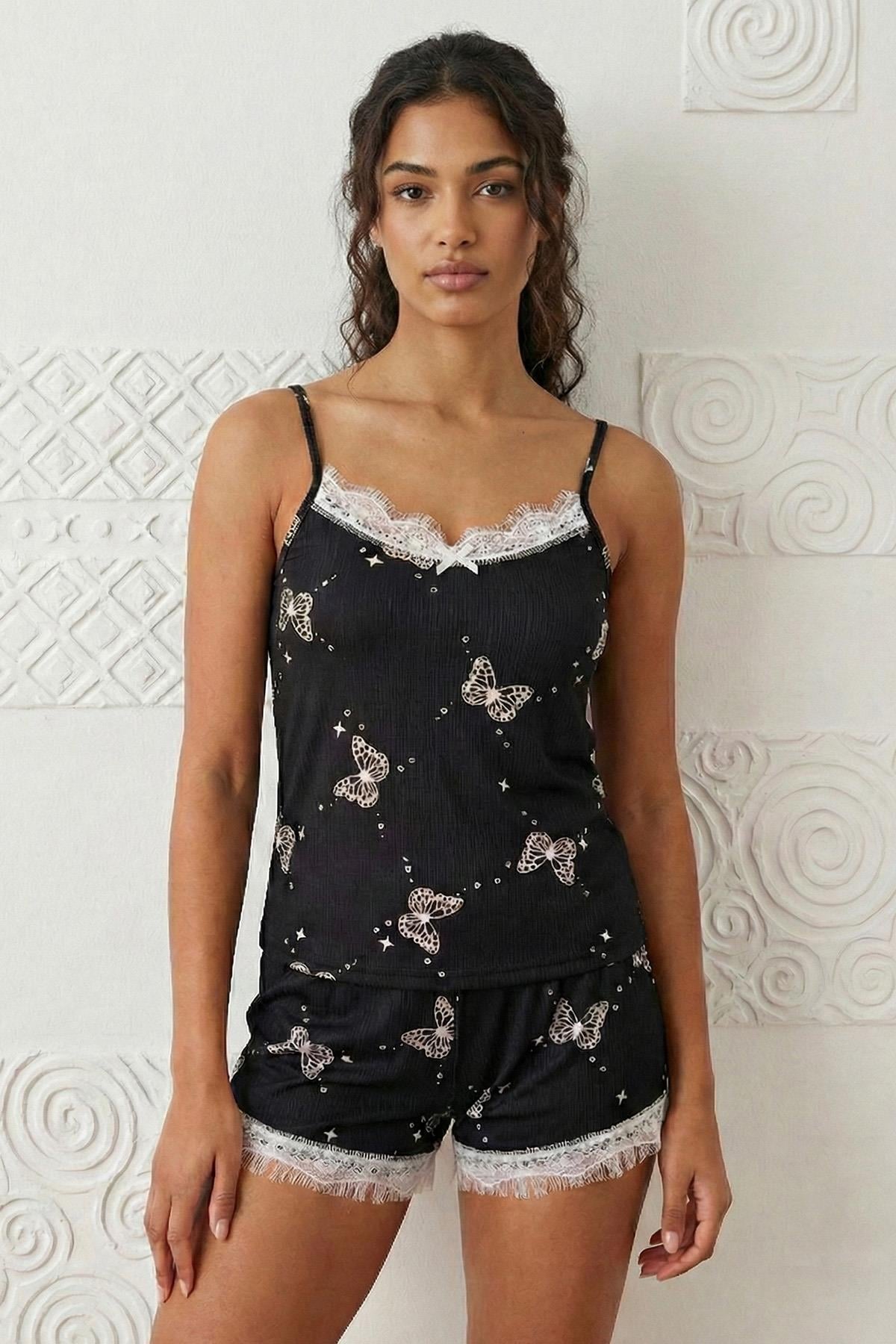 Kadın Kelebek Desenli Şortlu Pegasus Pijama Takım siyah