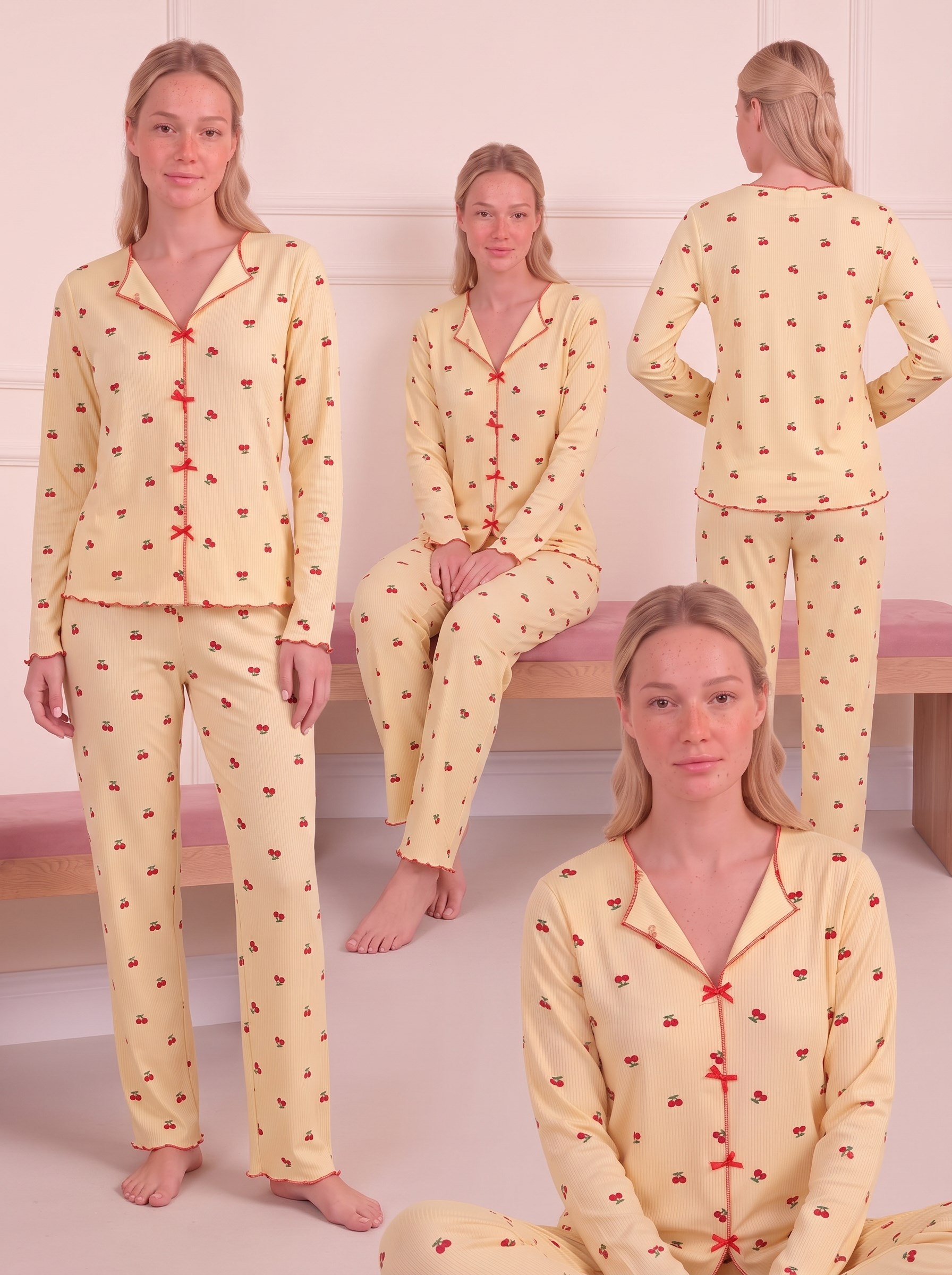 Kadın Kiraz Desenli Yarasa Yaka Uzun Kol Altı Uzun Kaşkorse Pijama Takımı