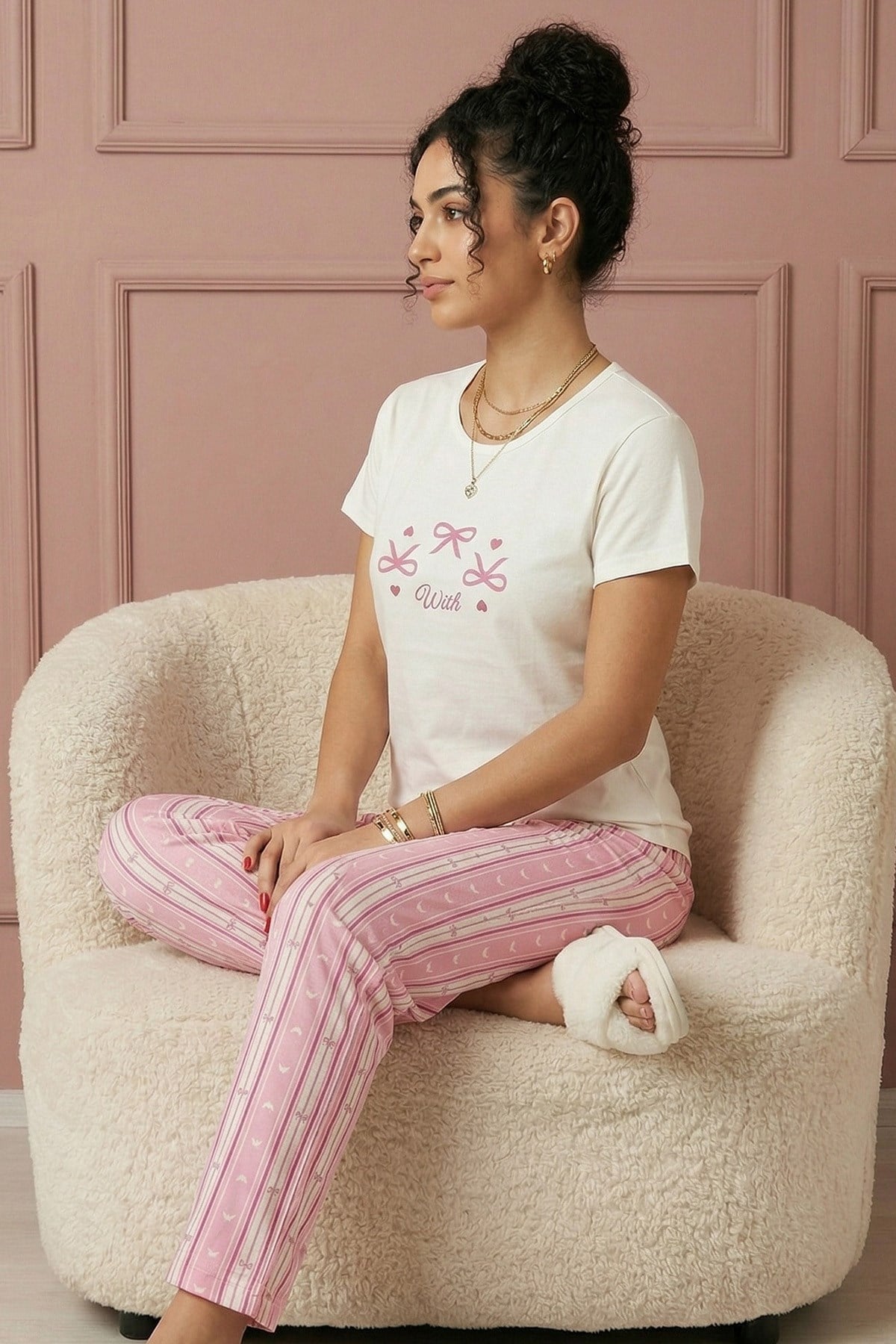 Kadın Kurdele Baskılı Kısa Kollu Pijama Takımı
