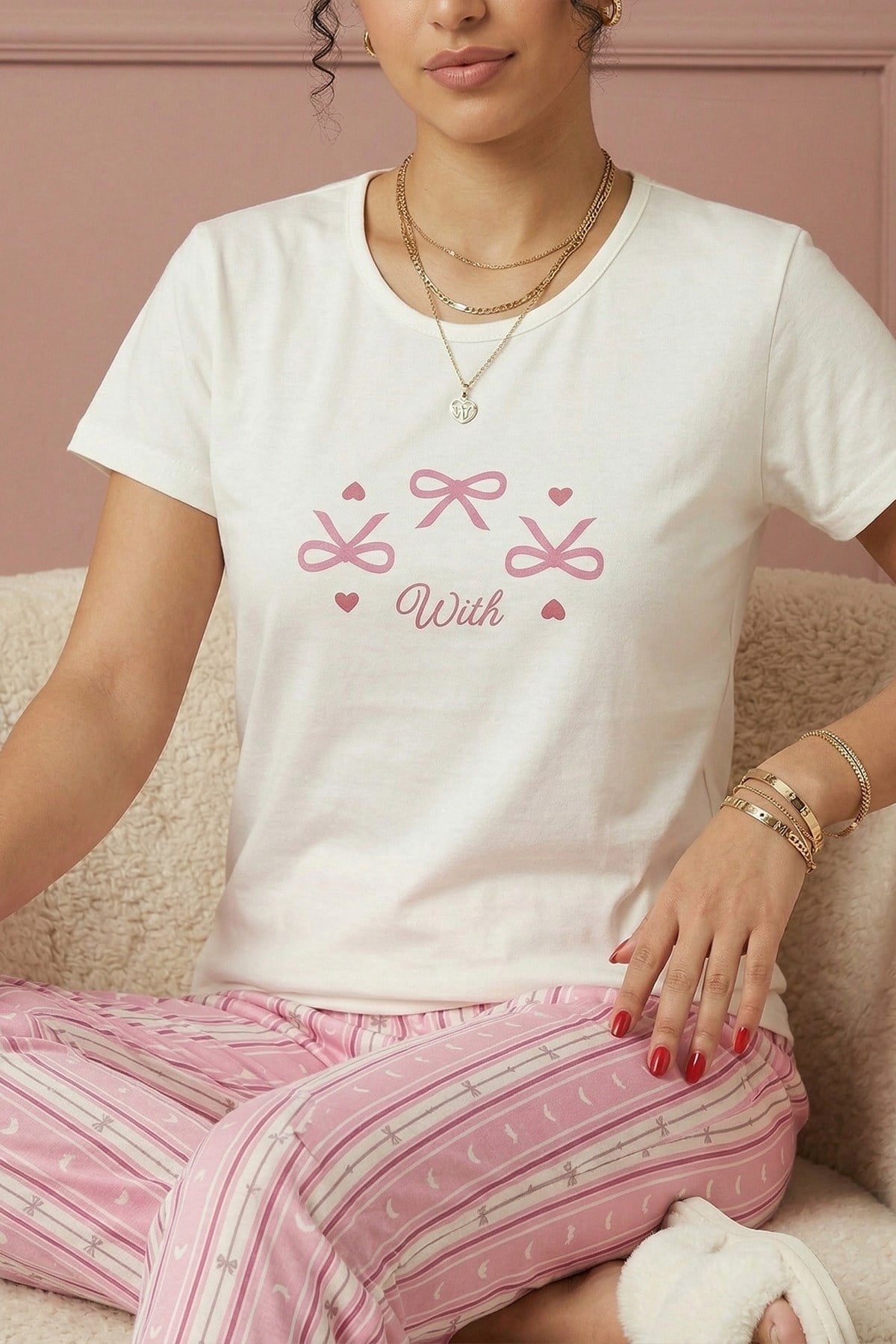 Kadın Kurdele Baskılı Kısa Kollu Pijama Takımı