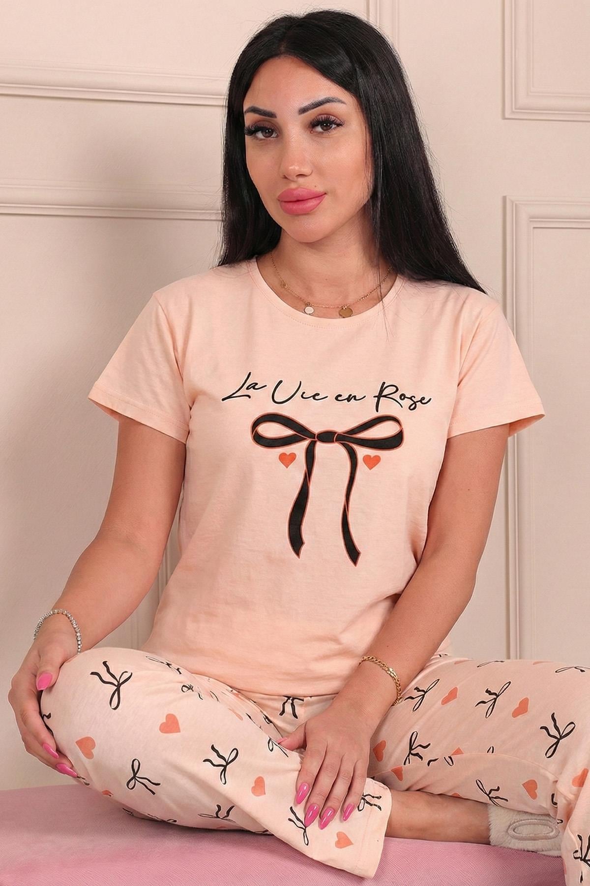 Kadın Kurdele Desenli ve Altı Desenli Penye Kısa Kollu Pijama Takımı