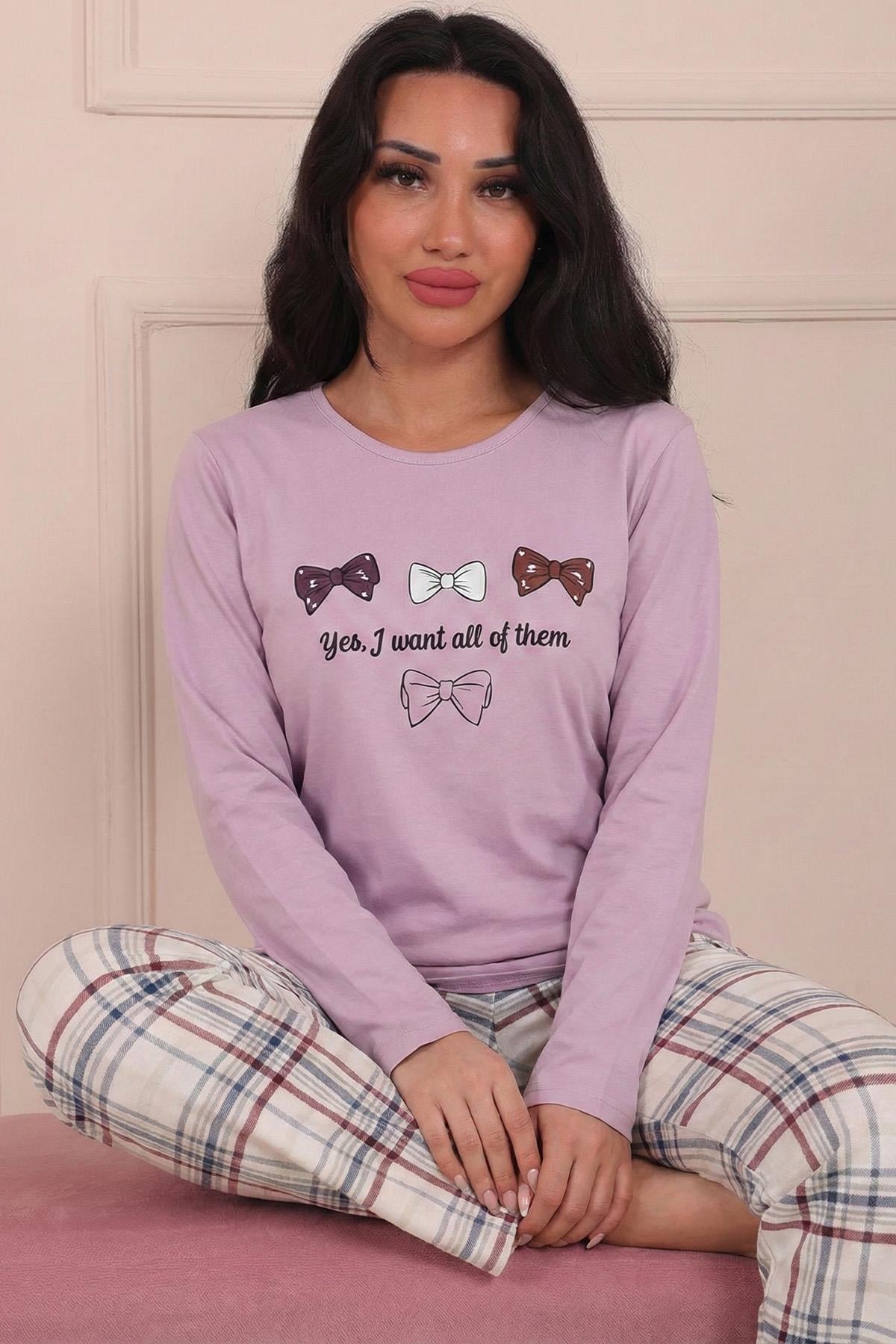 Kadın Kurdele Desenli ve Altı Ekose Desenli Penye Pijama Takımı