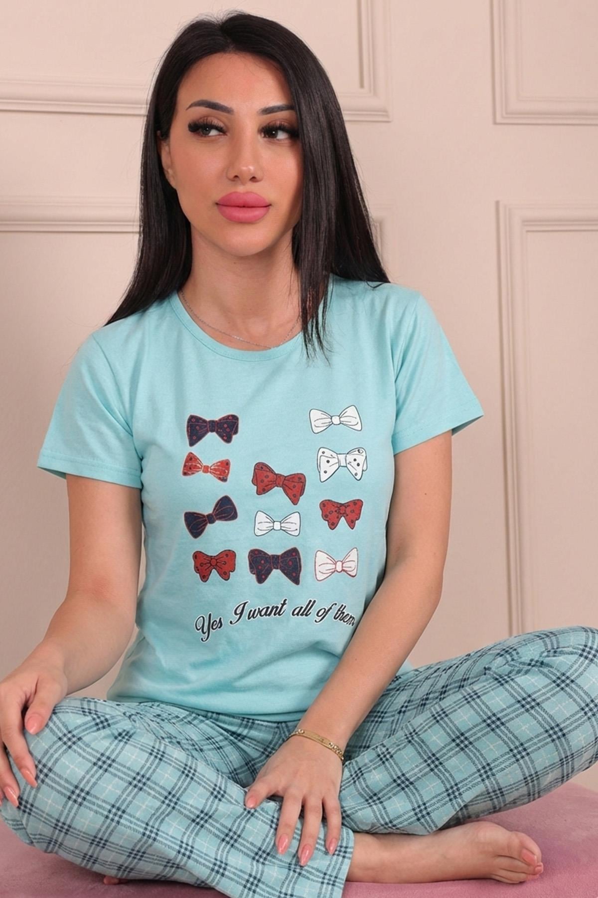 Kadın Kurdele Desenli ve Altı Ekose Desenli Kısa Kollu Pijama Takımı