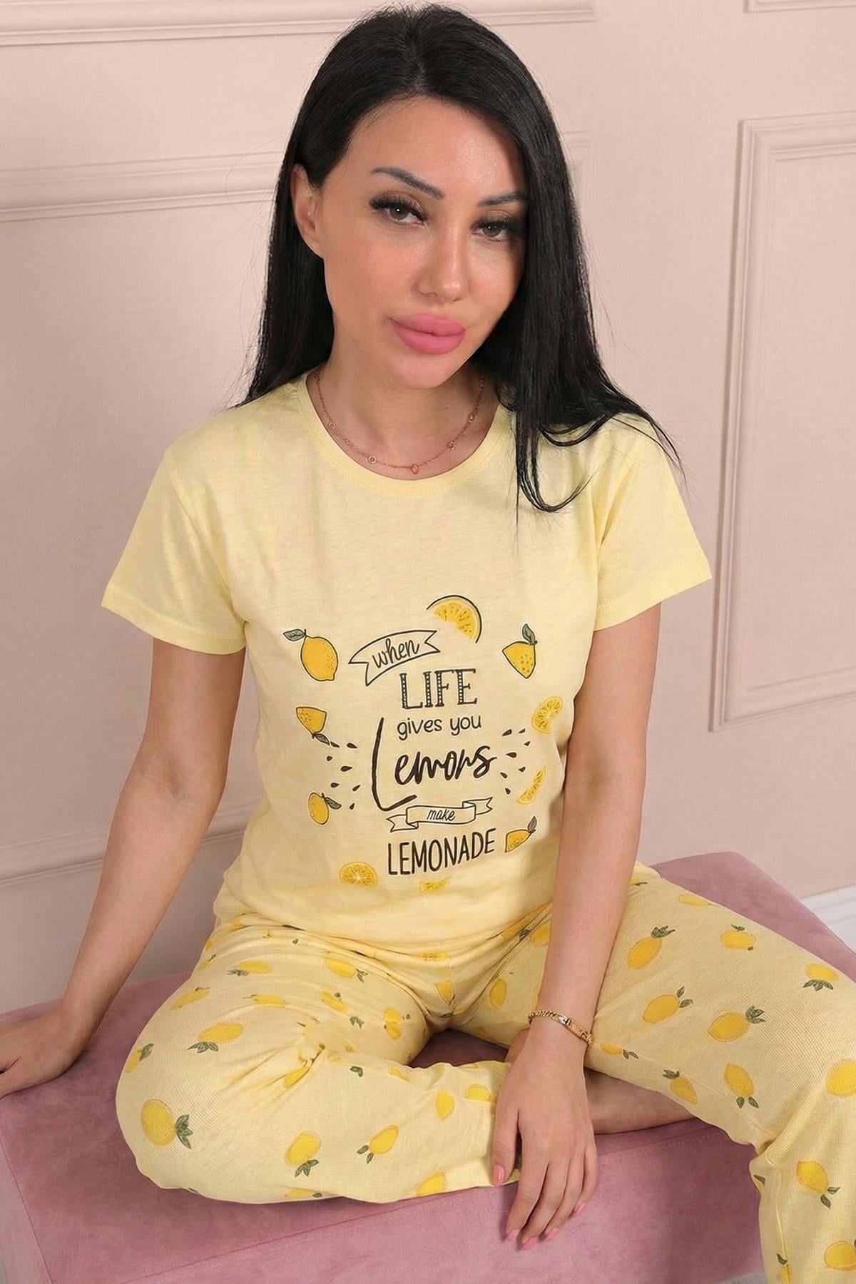 Kadın Lemons Yazılı ve Altı Limon Desenli Penye Kısa Kollu Pijama Takımı