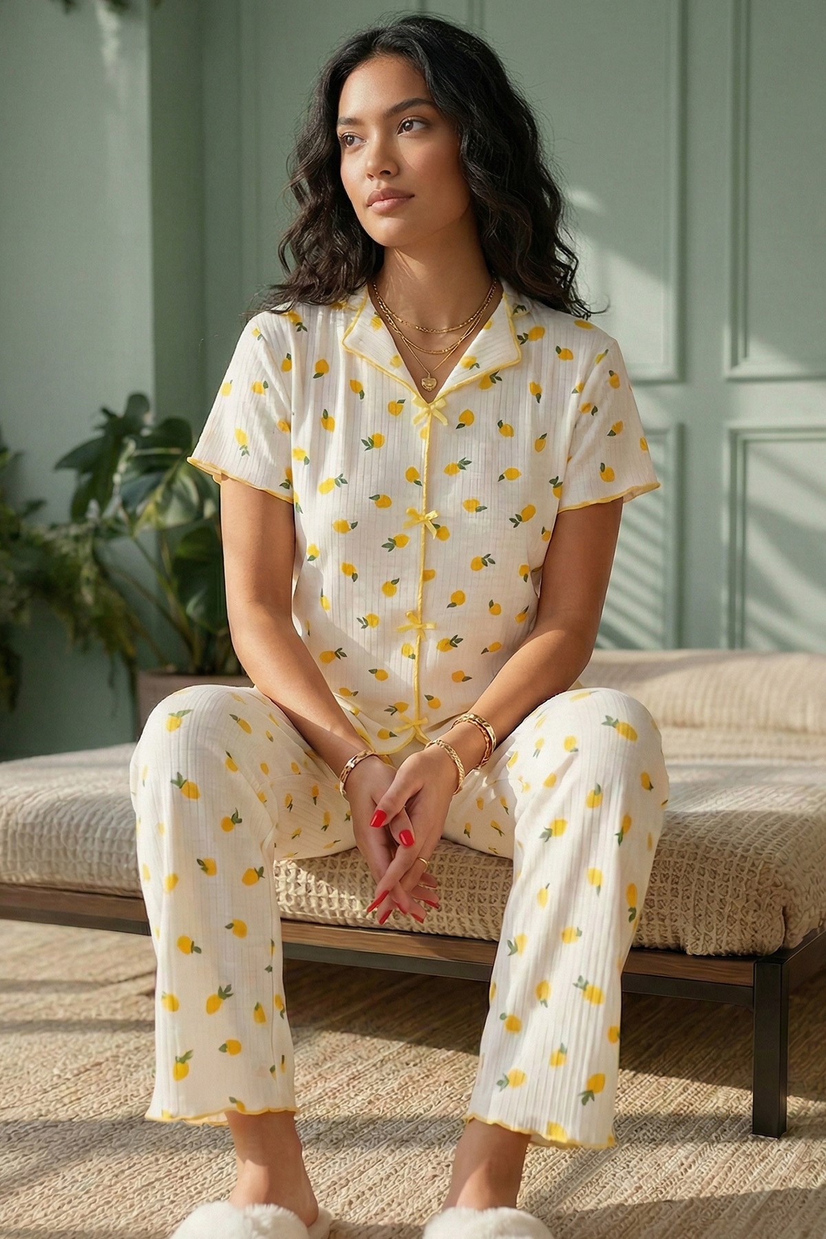 Kadın Limon Desenli Biyeli V Yaka Kısa Kol Altı Uzun Kaşkorse Pijama Takımı