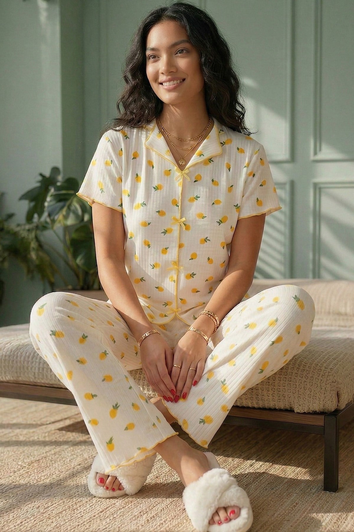 Kadın Limon Desenli Biyeli V Yaka Kısa Kol Altı Uzun Kaşkorse Pijama Takımı