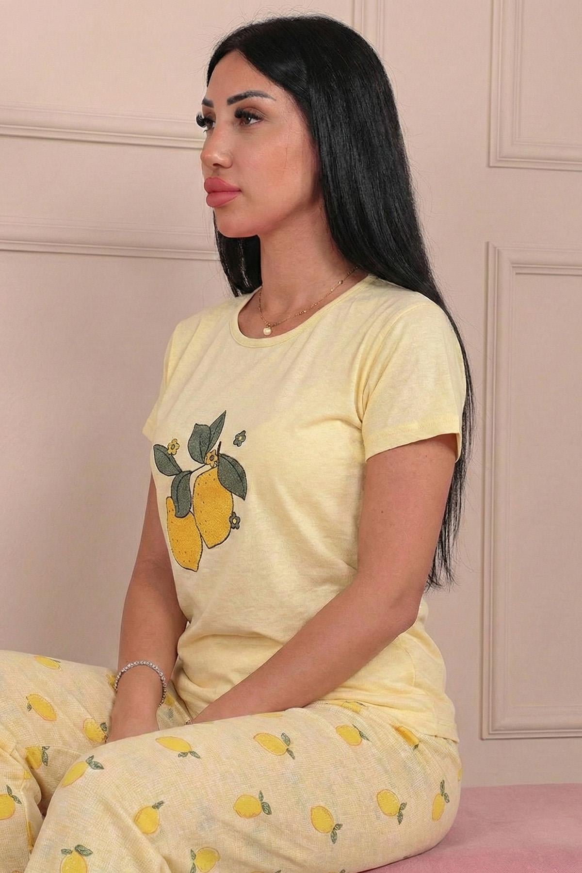 Kadın Limon Desenli ve Altı Desenli Penye Pijama Takımı
