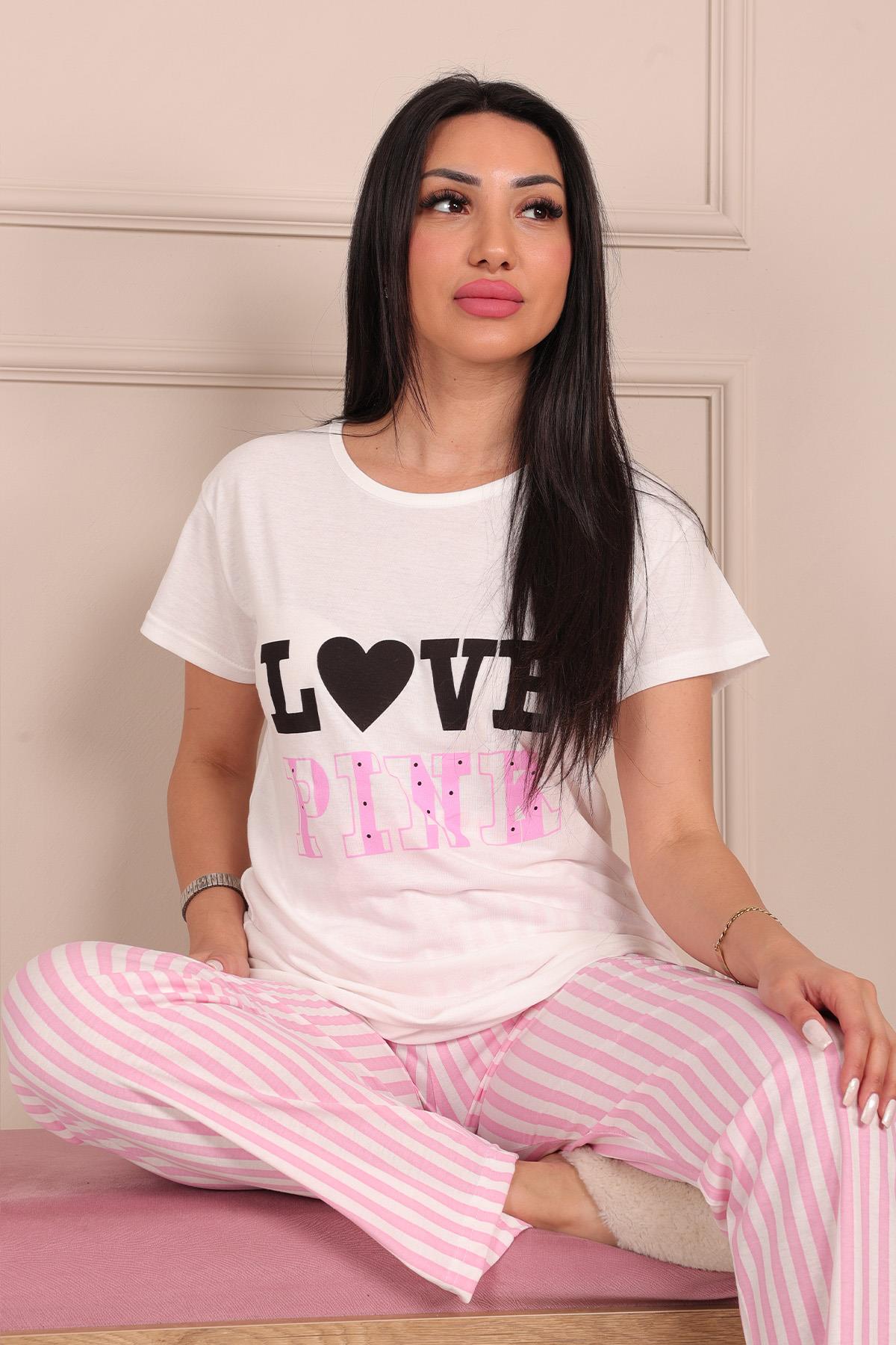 Kadın Love Pink Sloganlı Kısa Kol Altı Uzun ve Desenli Penye Pijama Takımı BEYAZ