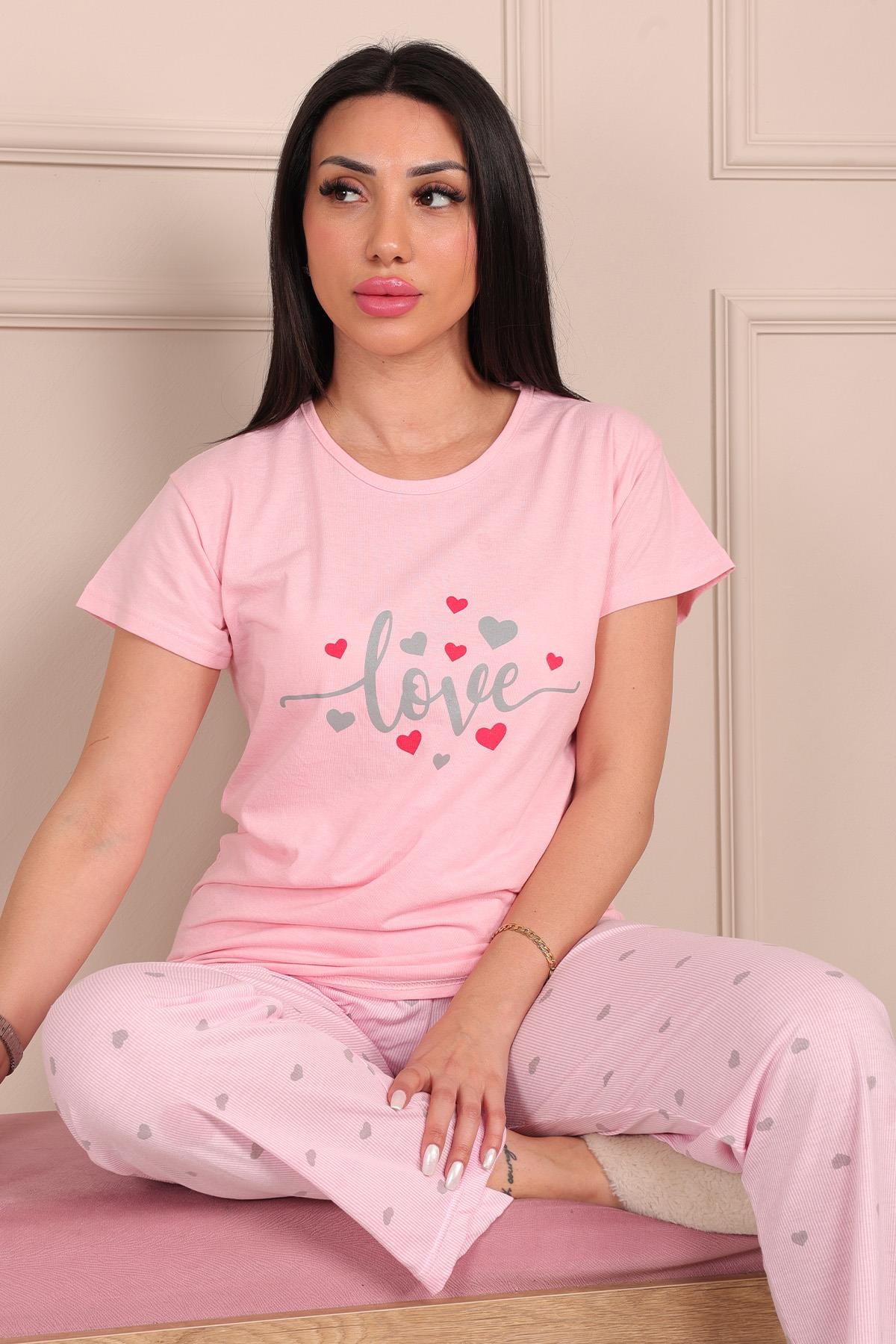 Kadın Love Sloganlı Bisiklet Yaka Kısa Kol Altı Uzun Penye Pijama Takımı