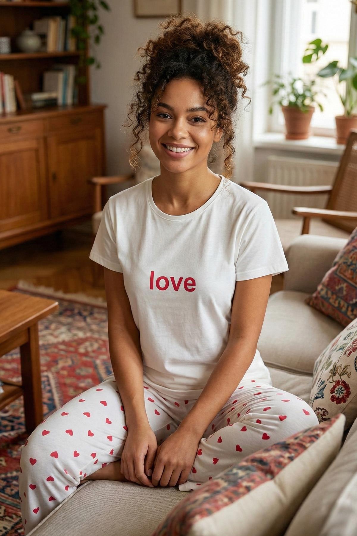 Kadın Love Sloganlı Bisiklet Yaka Kısa Kol Altı Uzun Penye Pijama Takımı