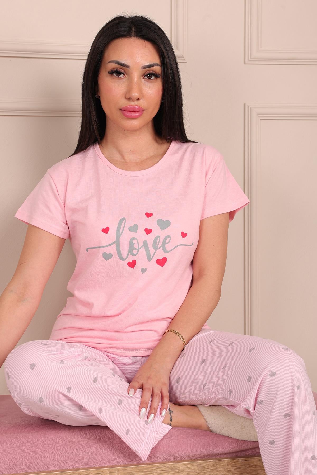Kadın Love Sloganlı Bisiklet Yaka Kısa Kol Altı Uzun Penye Pijama Takımı