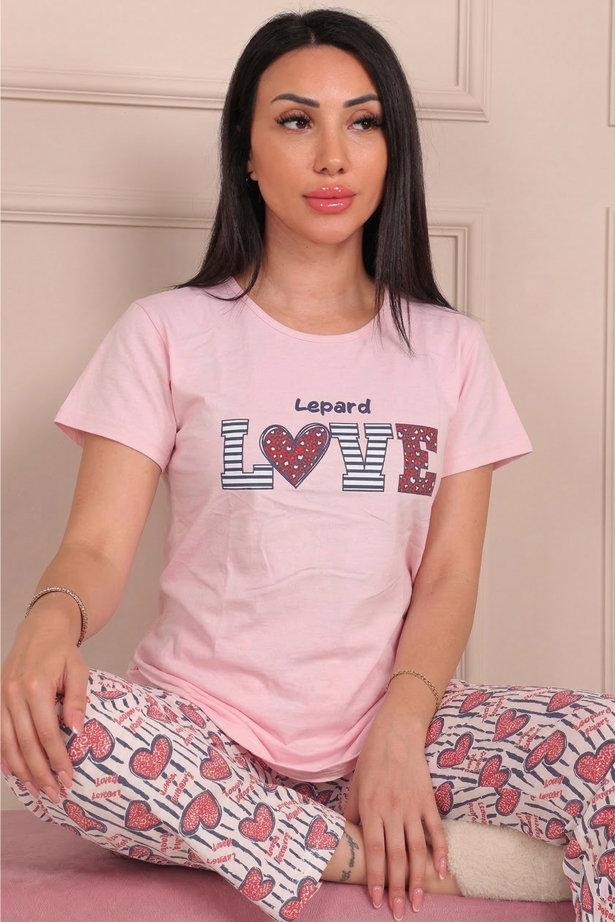 Kadın Love Sloganlı Kısa Kol Penye Pijama Takımı 