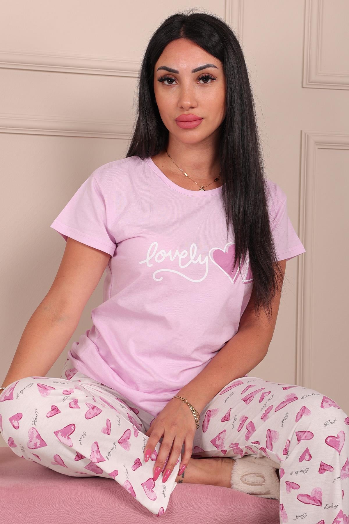 Kadın Lovely Sloganlı ve Kalp Deseni Baskılı  Bisiklet Yaka Kısa Kol Altı Uzun Penye Pijama Takımı