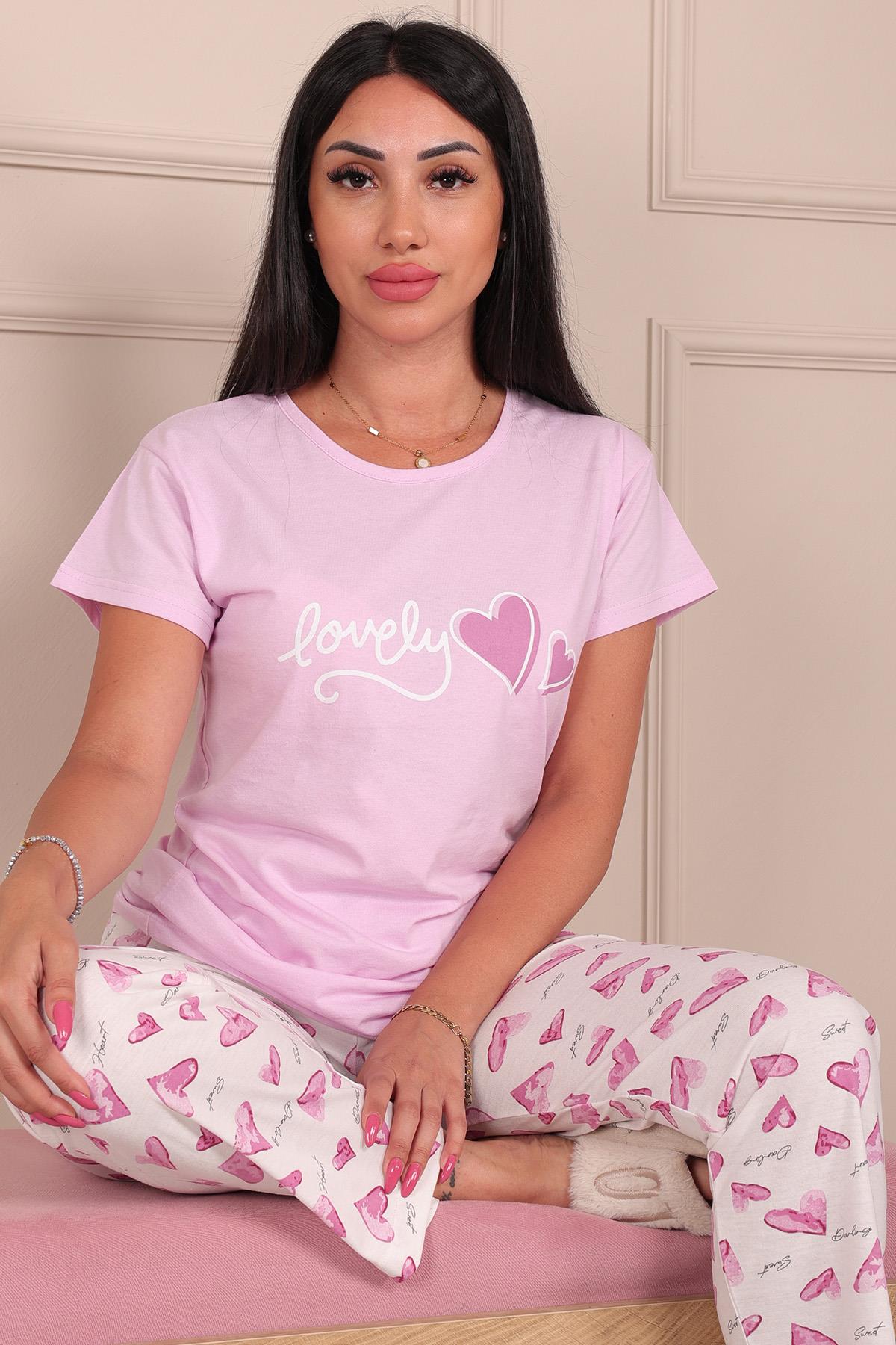 Kadın Lovely Sloganlı ve Kalp Deseni Baskılı  Bisiklet Yaka Kısa Kol Altı Uzun Penye Pijama Takımı