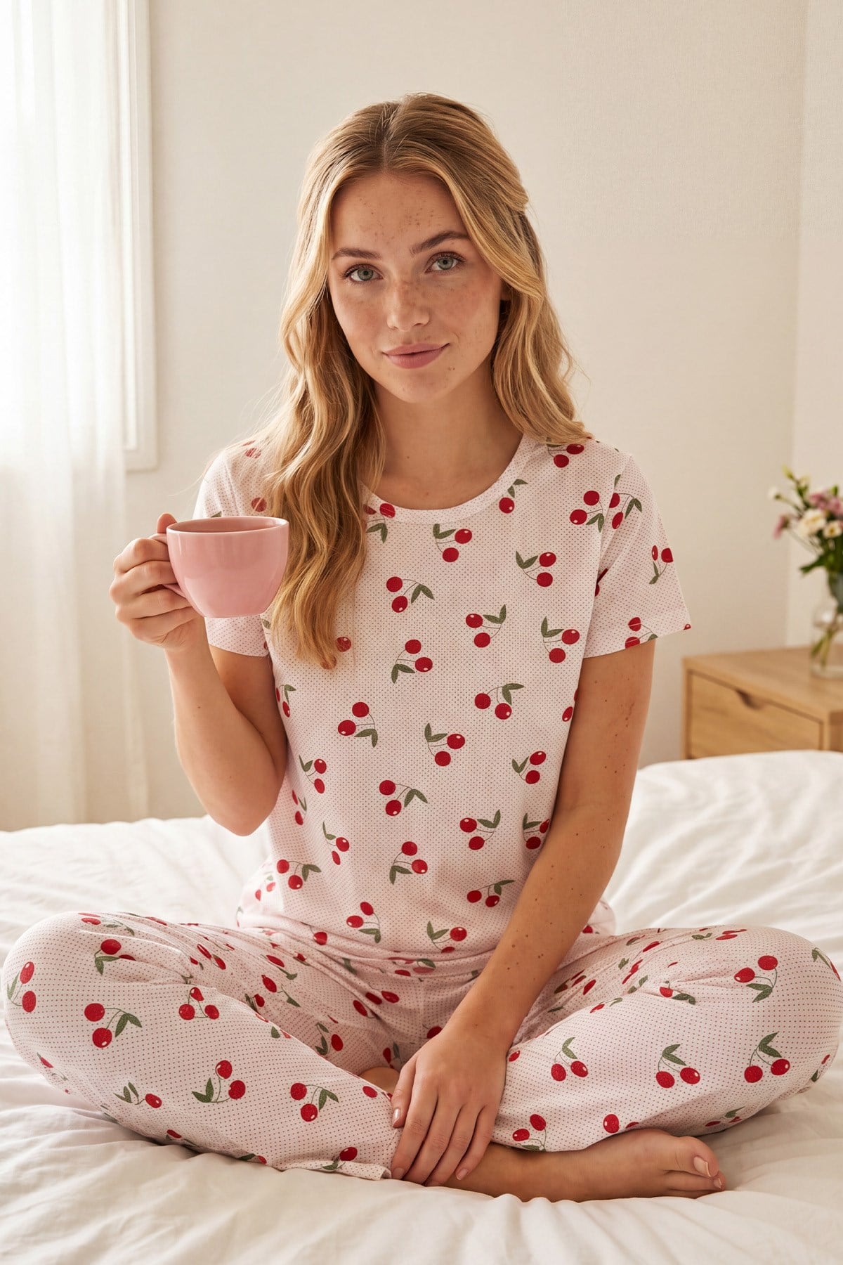 Kadın Minik Vişne Desenli Bisiklet Yaka Kısa Kol Altı Uzun Penye Pijama Takımı