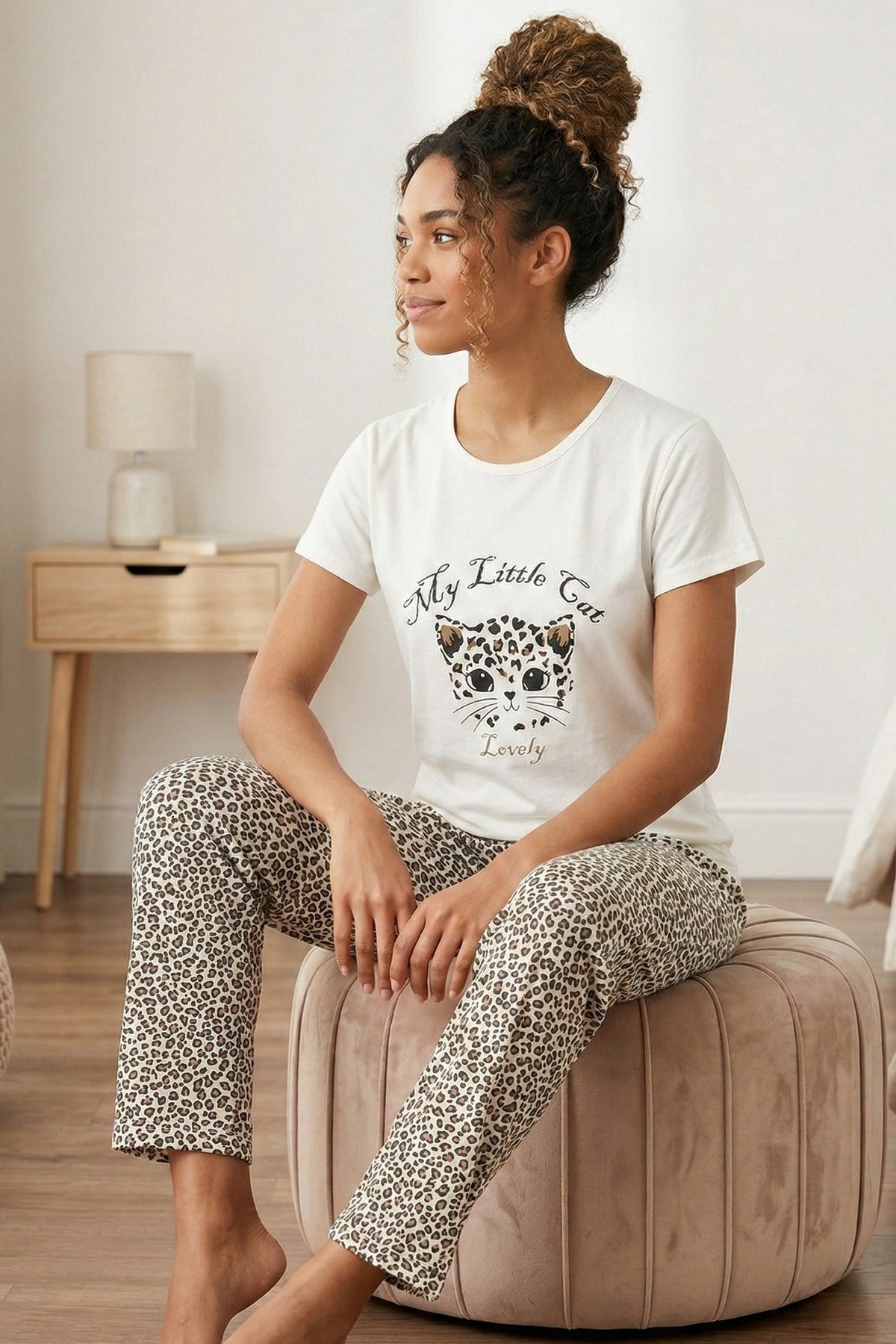 Kadın My Little Cat Sloganlı ve Altı Leopar Desenli Penye Kısa Kollu Pijama Takımı