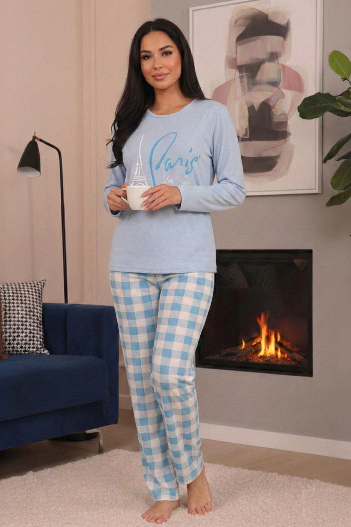 Kadın Paris Sloganlı ve Desenli Altı Ekose Desenli Bisiklet Yaka Uzun Kol Altı Uzun Penye Pijama Takımı