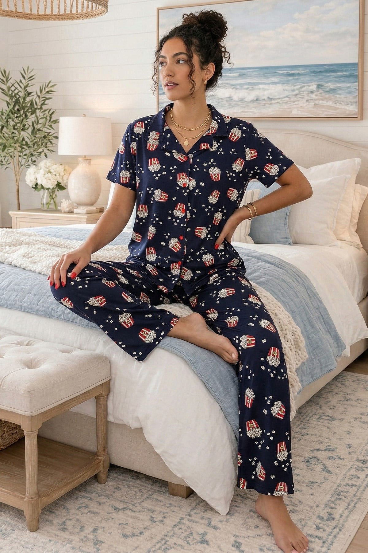 Kadın Pop Corn Desenli Gömlek Yaka Kısa Kol Altı Uzun Serin Tutan Milan Kumaş Pijama Takımı