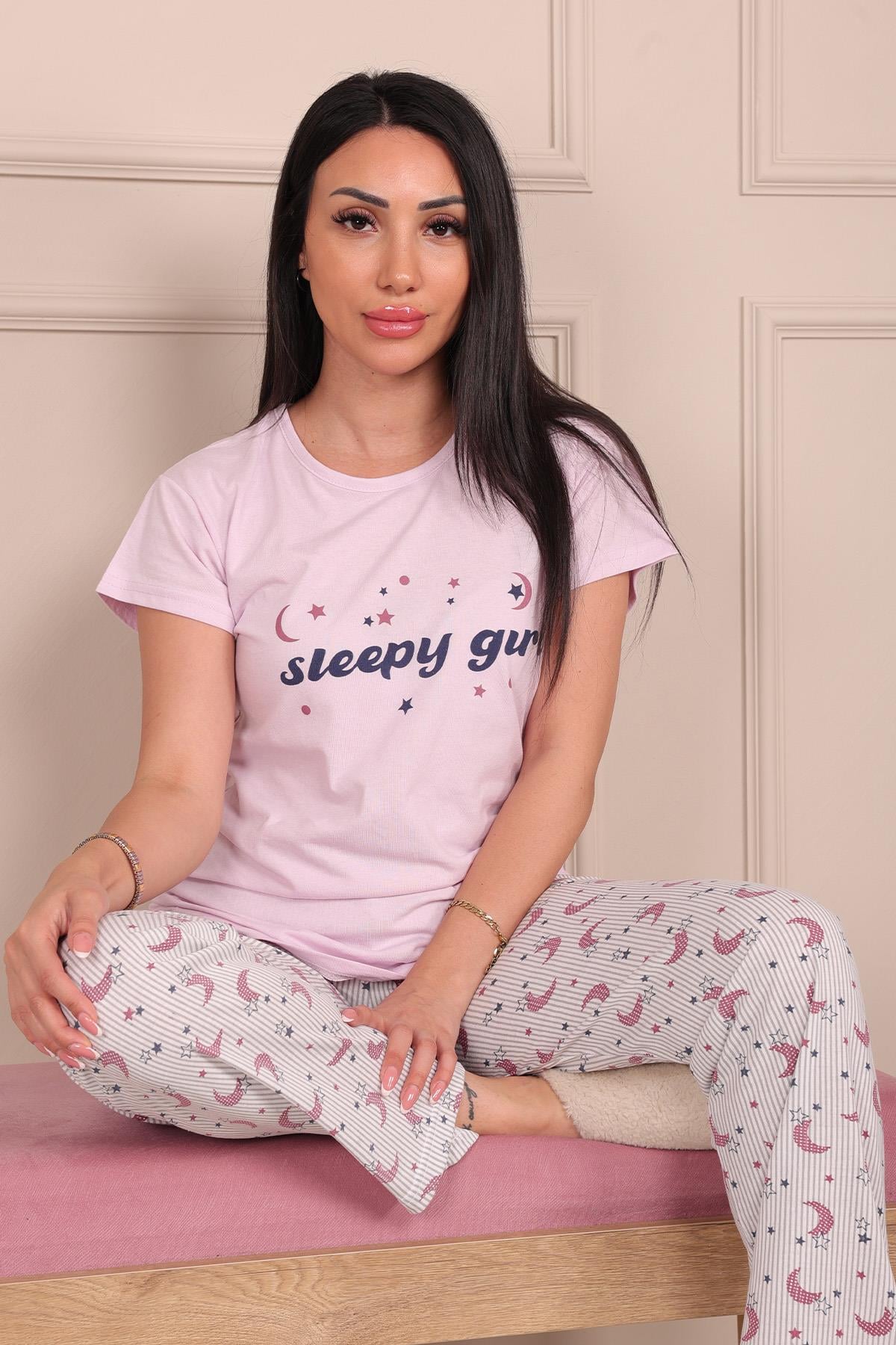 Kadın Sleepy Girl Sloganlı Kısa Kol Penye Pijama Takımı Pudra