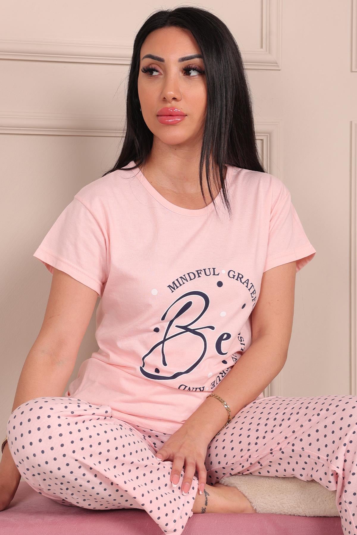 Kadın Sloganlı Altı Uzun Kısa Kol Penye Pijama Takımı SARI