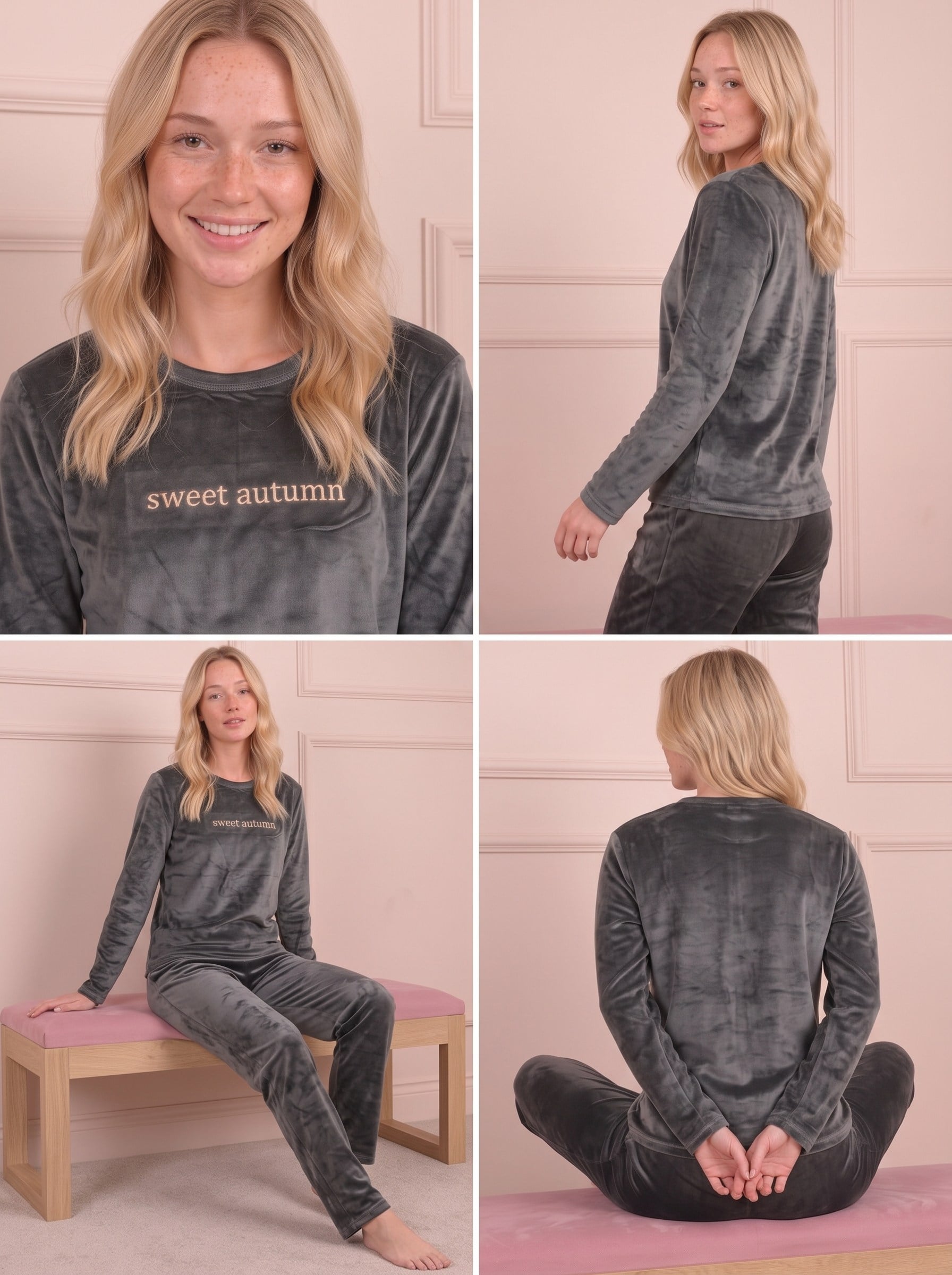 Kadın Sloganlı Uzun Kollu  Kadife Pijama Takımı