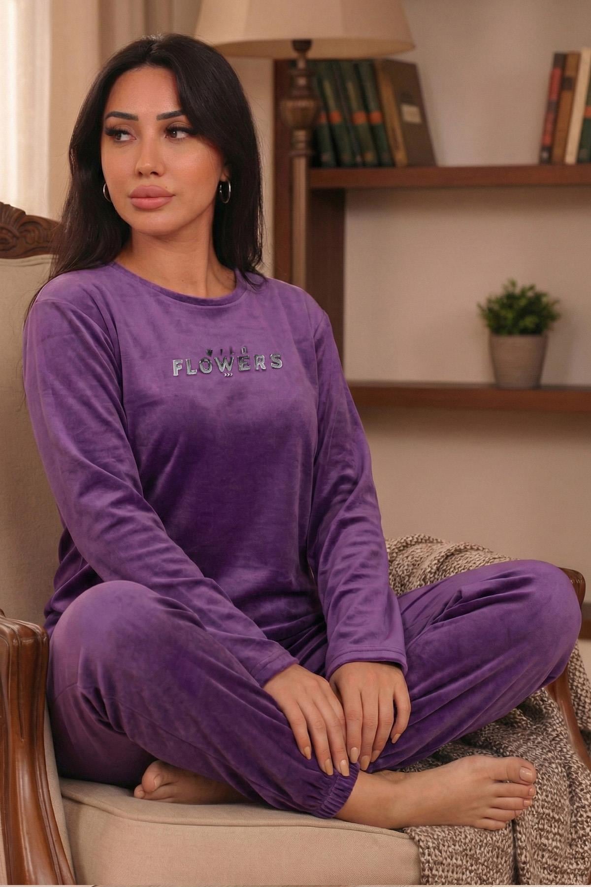 Kadın Sloganlı Uzun Kollu Paçası Manşetli Kadife Pijama Takımı