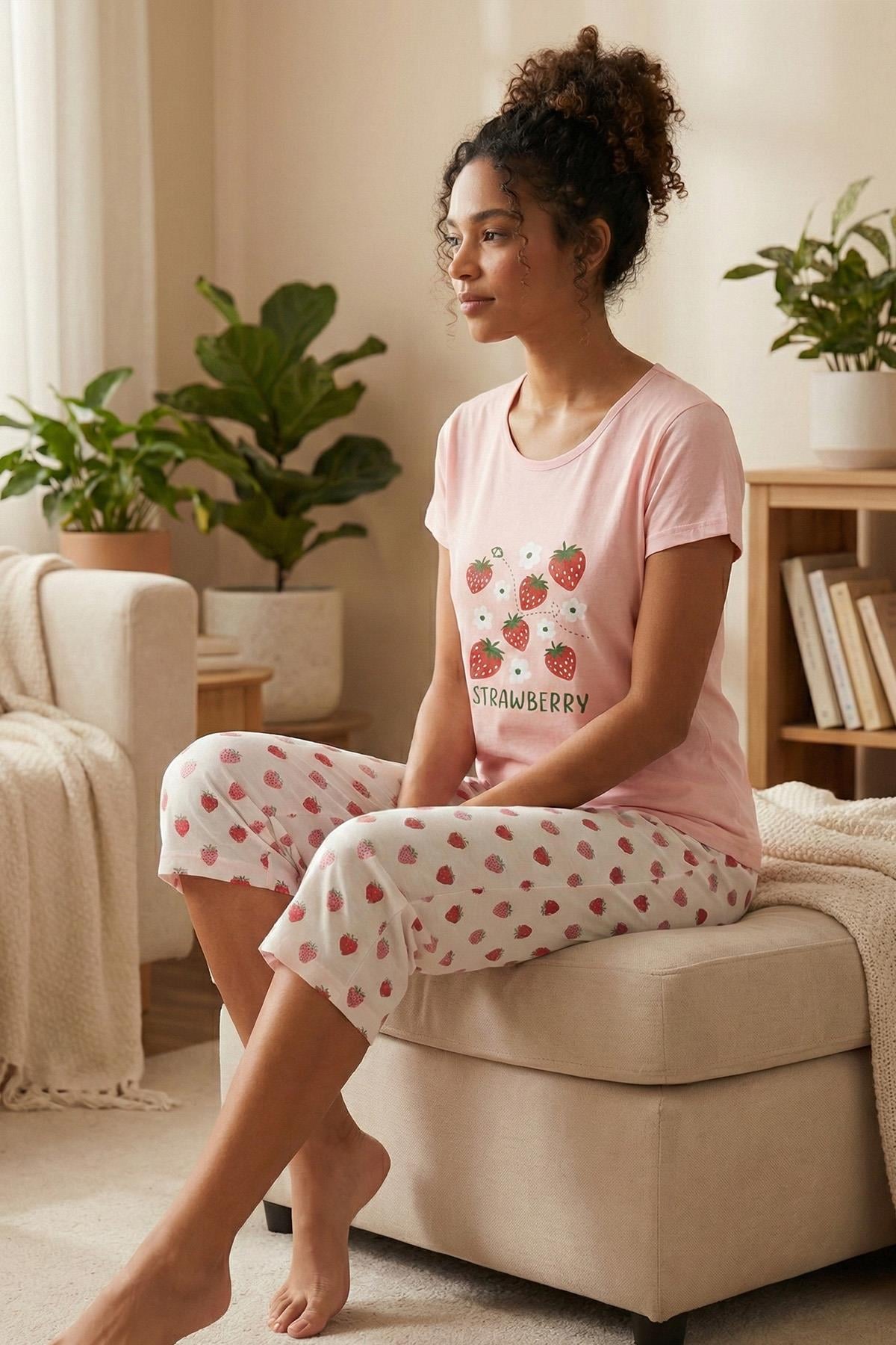 Kadın Strawberry Sloganlı Bisiklet Yaka Kısa Kol Altı Çilek Desenli Kapri Penye Pijama Takımı