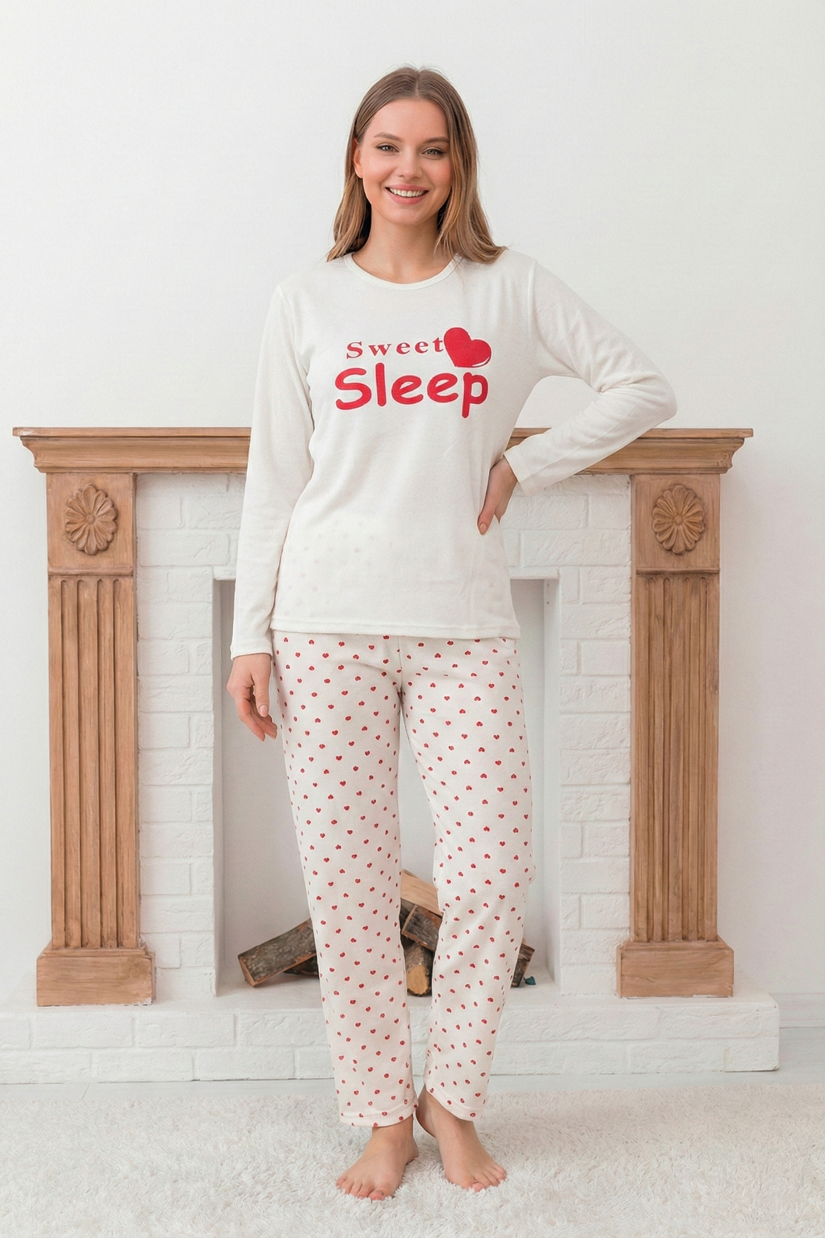 Kadın Sweet Sleep Sloganlı Altı Minik Kalp Desenli Bisiklet Yaka Uzun Kol Altı Uzun Penye Pijama Takımı
