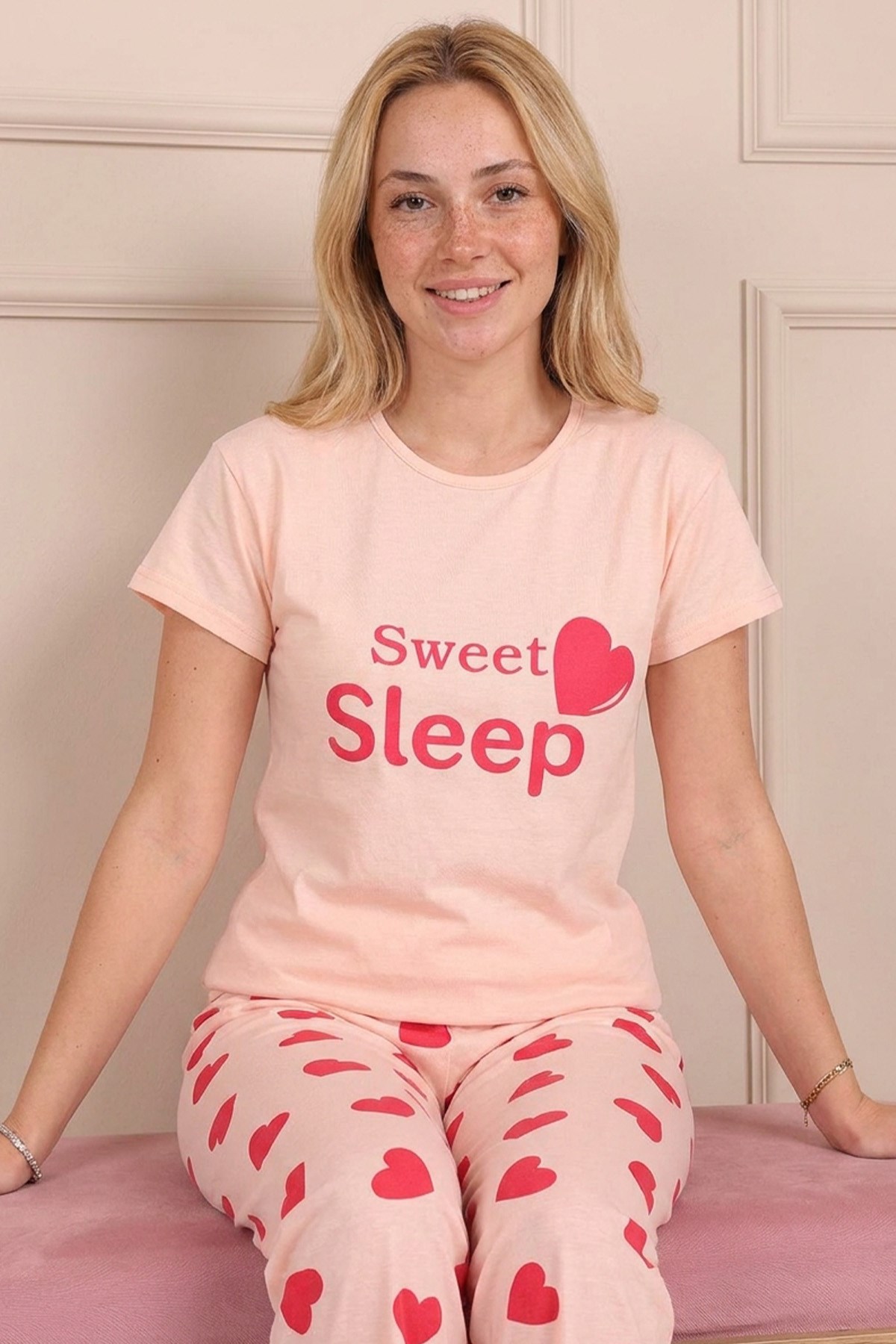 Kadın Sweet Sleep Sloganlı Bisiklet Yaka Kısa Kol Altı Uzun Penye Pijama Takımı