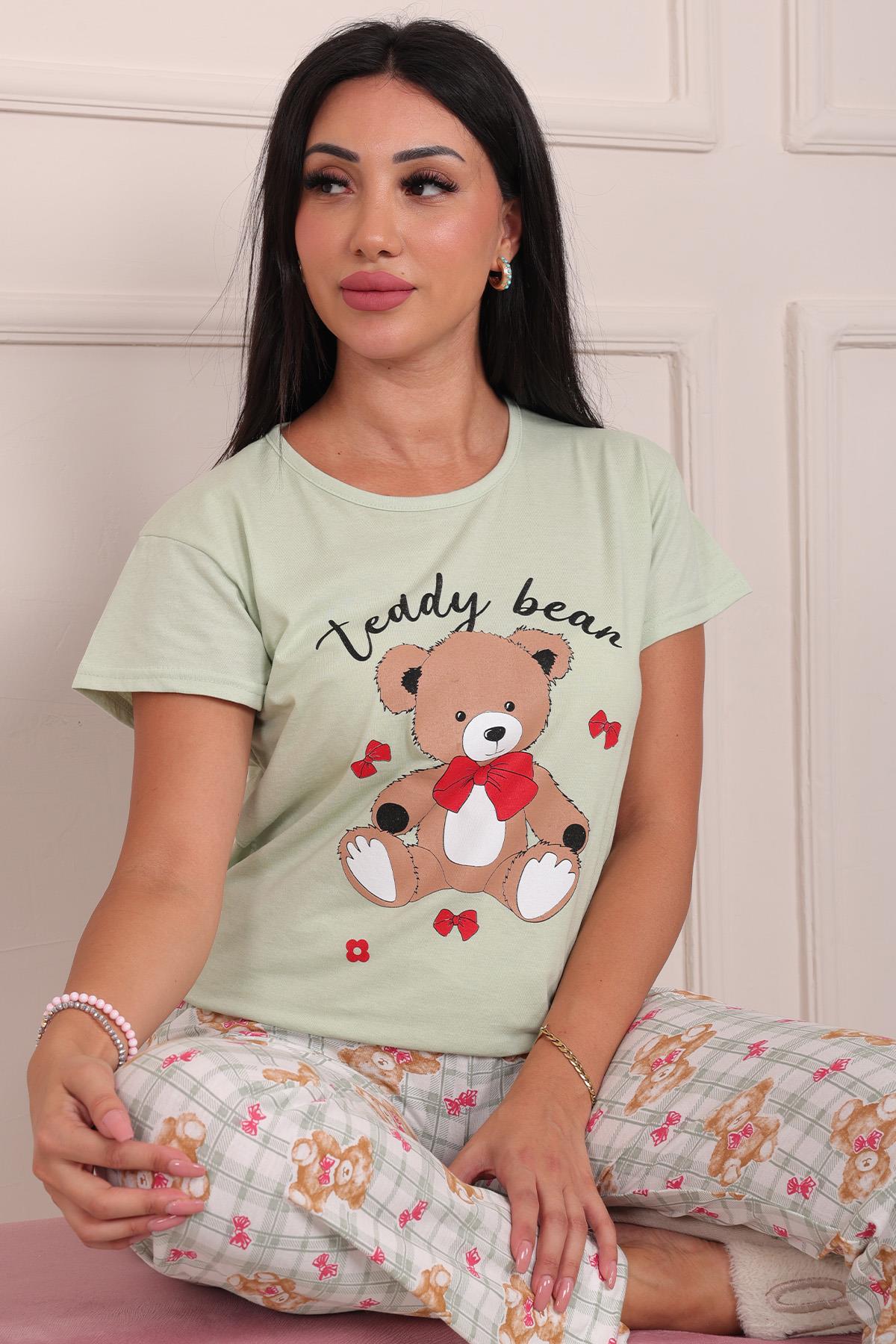 Kadın Teddy Bear Baskılı ve Sloganlı Kısa Kol Altı Uzun Penye Pijama Takımı Mint