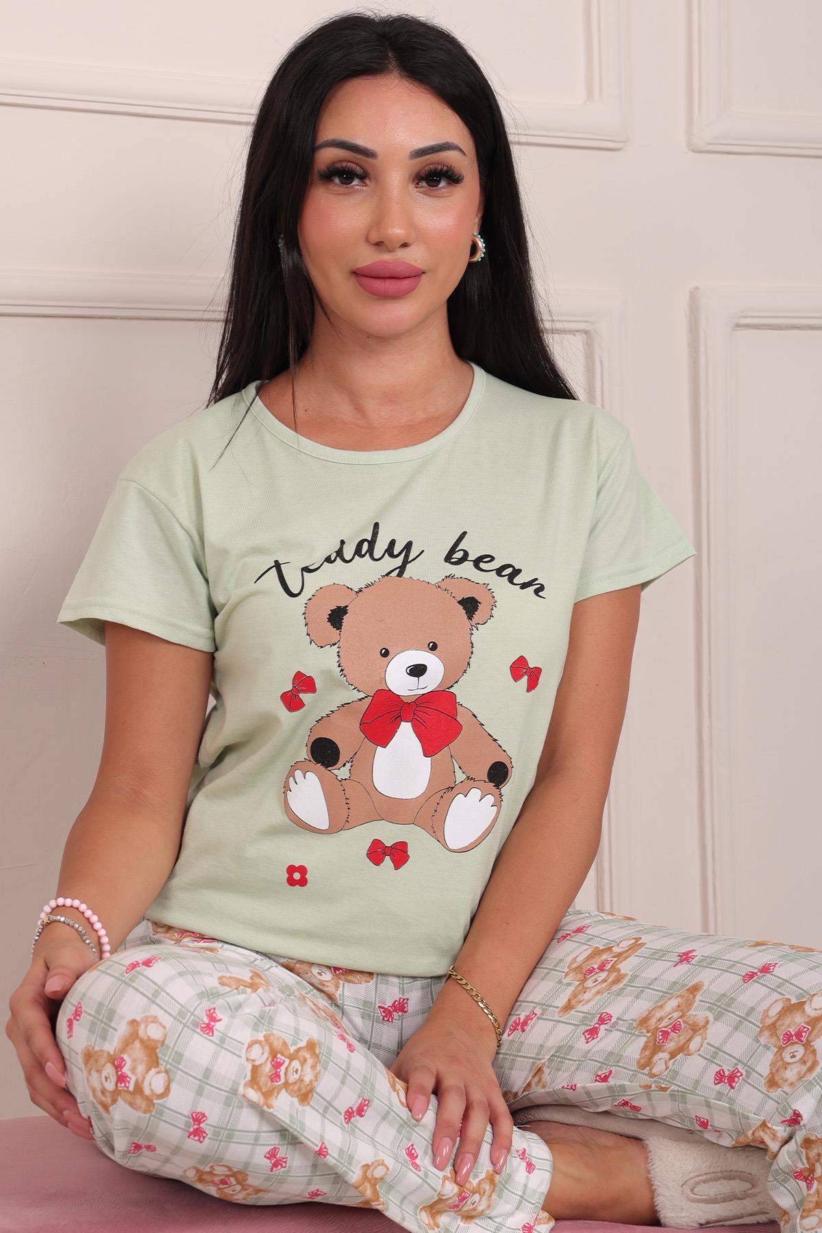 Kadın Teddy Bear Baskılı ve Sloganlı Kısa Kol Altı Uzun Penye Pijama Takımı Mint