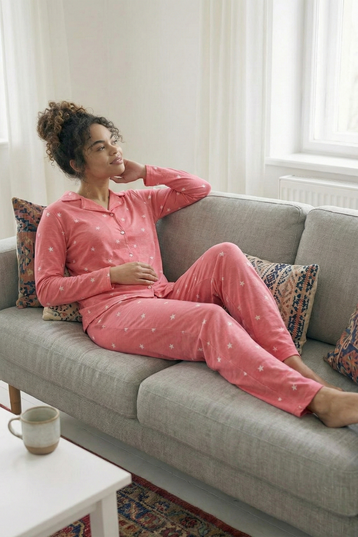 Kadın Yıldız  Desenli Önü Düğmeli Uzun Kol Altı Uzun Süet Pijama Takımı