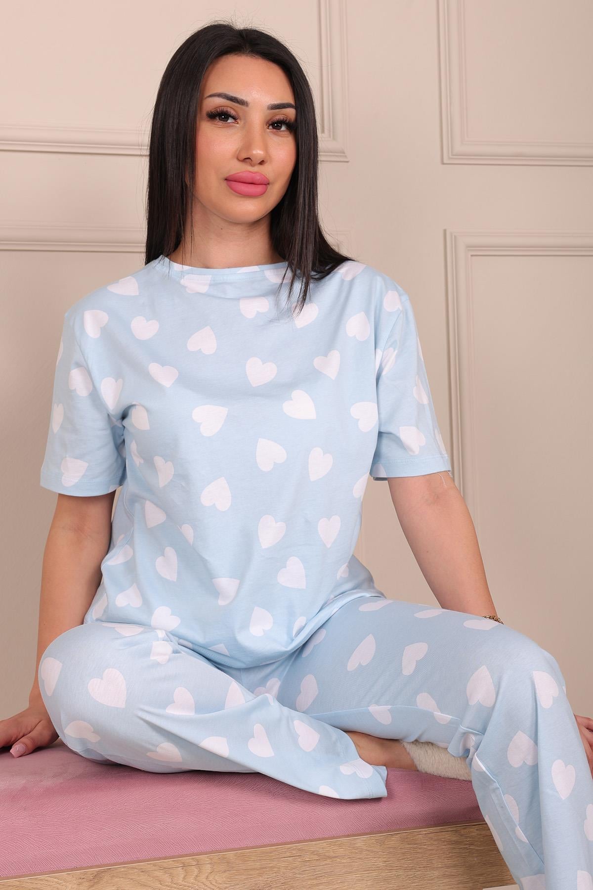 Kalp Desenli Kısa Kol Altı Uzun Pİjama Takımı BEBE MAVİSİ
