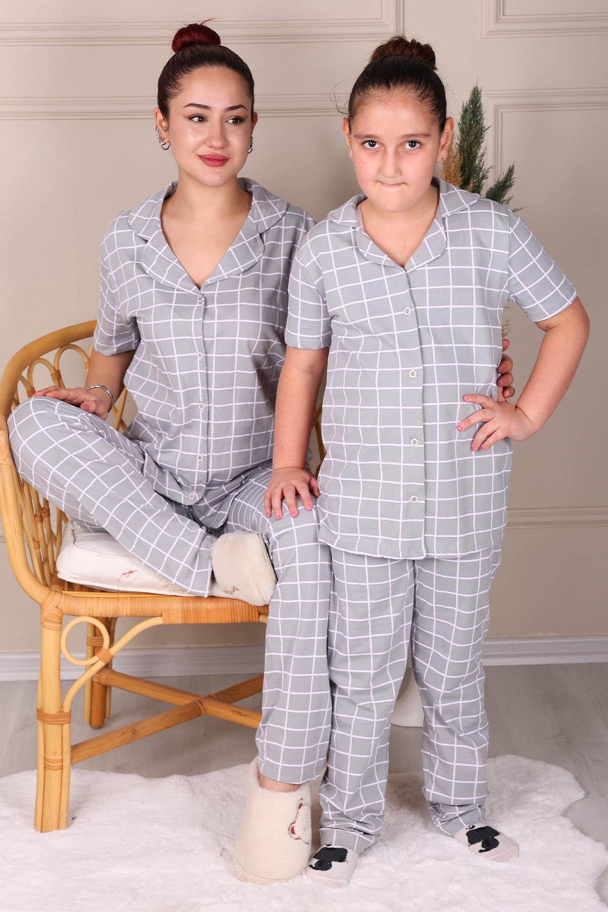 Kareli  Kısa Kol Düğmeli Anne Kız Pijama Takım GRİ