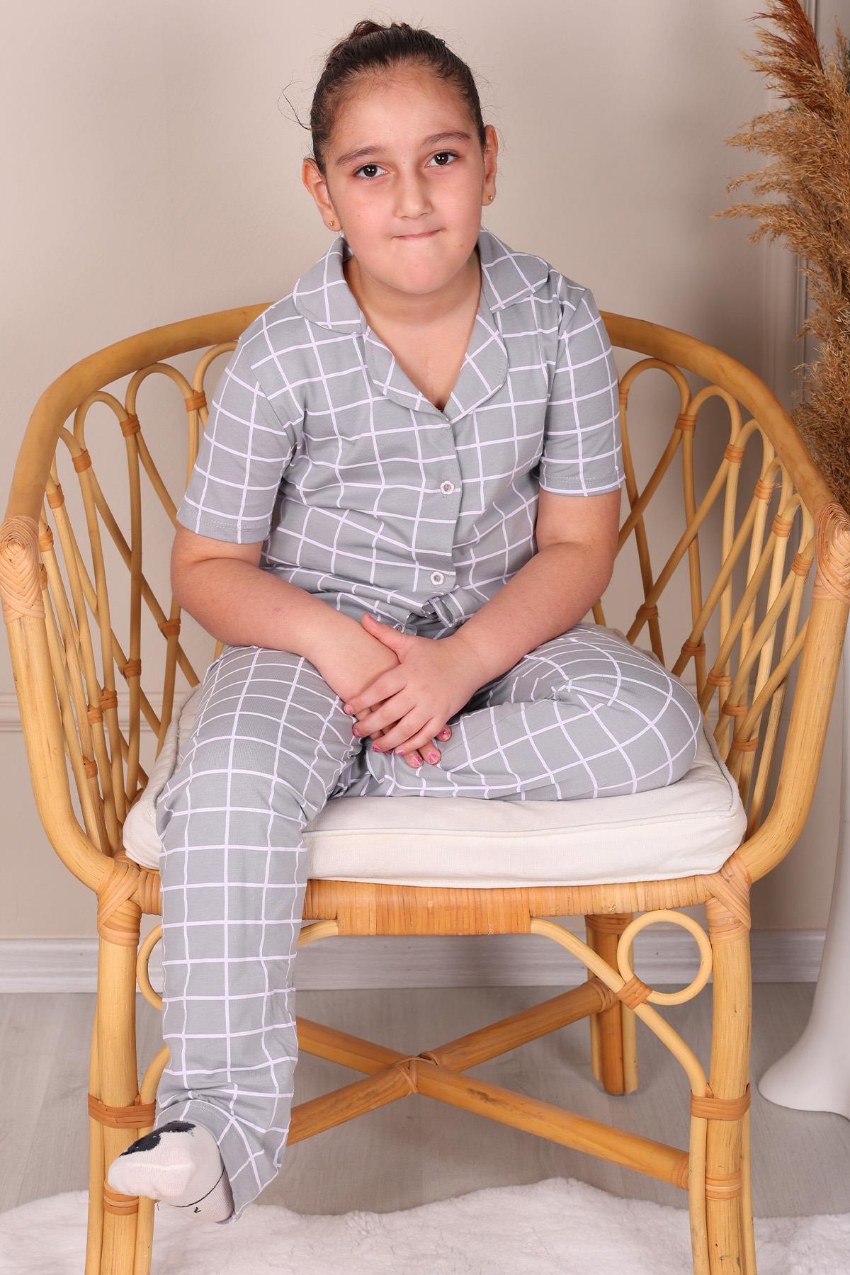 Kareli  Kısa Kol Düğmeli Anne Kız Pijama Takım GRİ