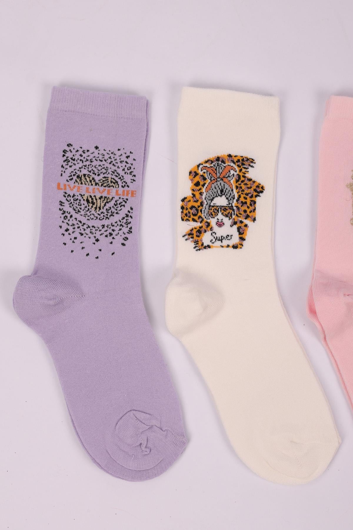 Leopar Desenli 4lü  Kız Çocuk Soket Çorap Seti ASORTİ