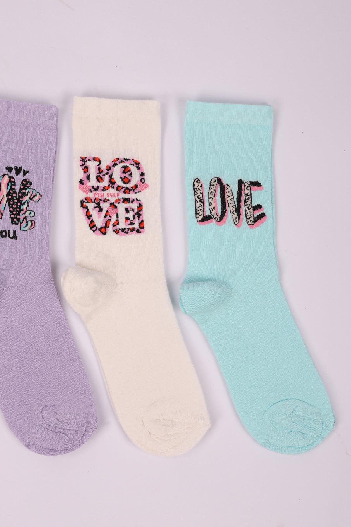 Love Sloganlı 4lü Kız Çocuk Soket Çorap Seti ASORTİ