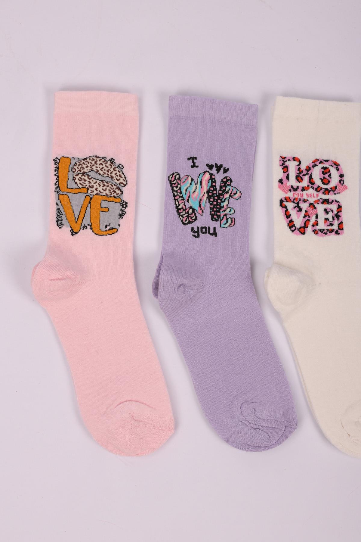 Love Sloganlı 4lü Kız Çocuk Soket Çorap Seti ASORTİ