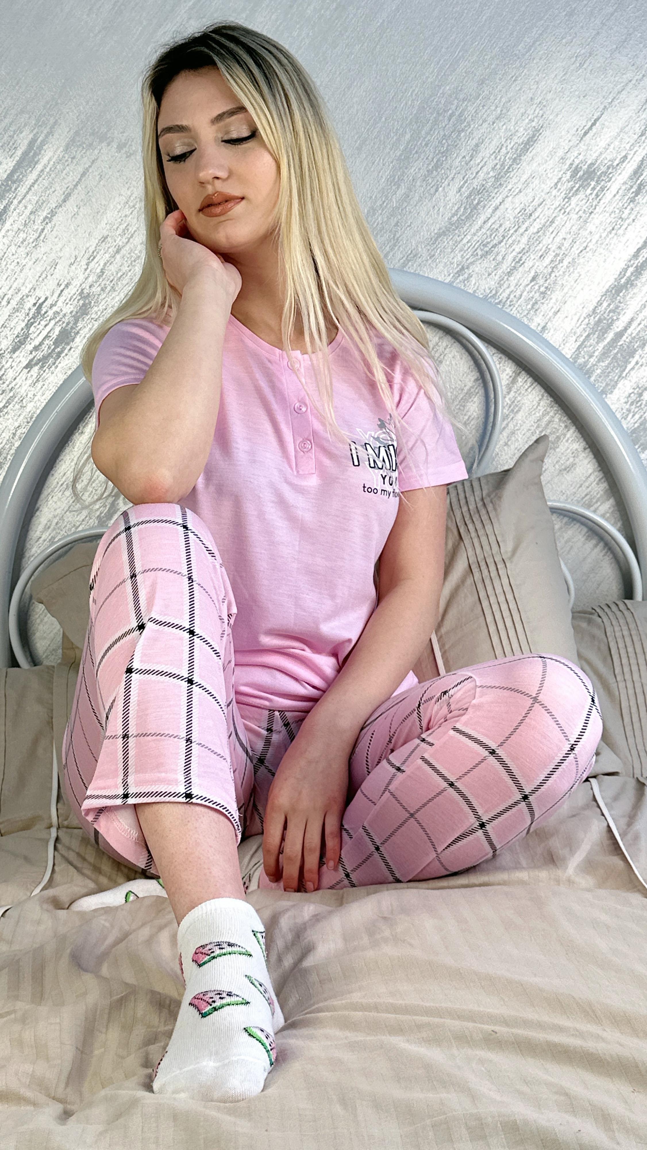 Pembe Kareli Üç Düğme Anne Pijama Takımı PEMBE