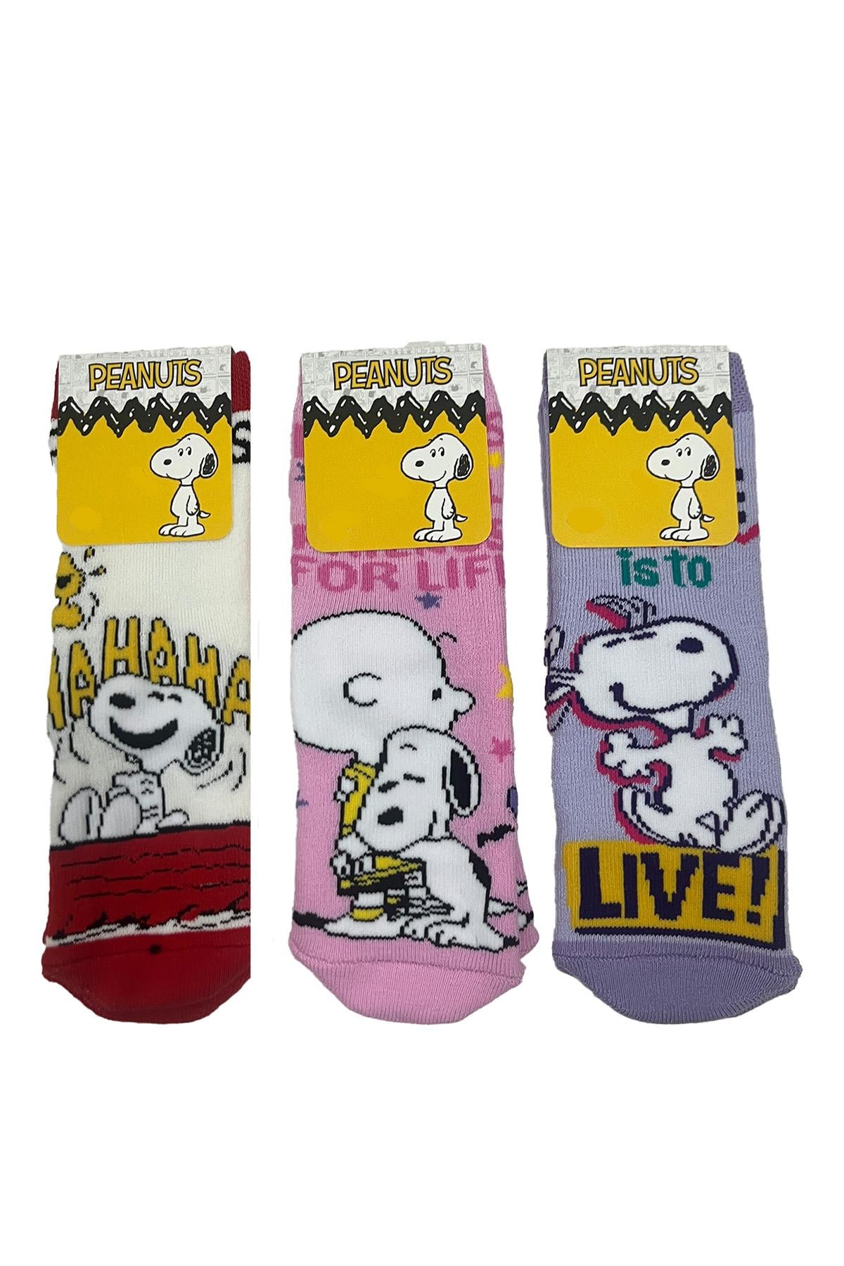 Snoopy Karakterli Altı Kaydırmaz Havlu 3lü Soket Çorap Seti ASORTİ
