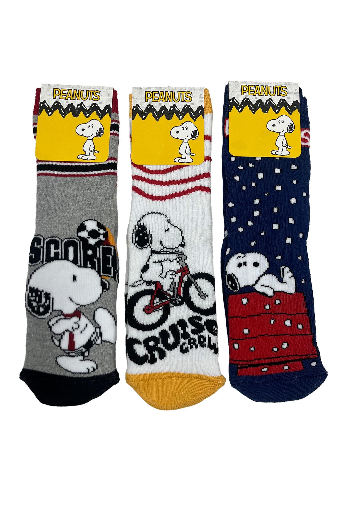 Snoopy Karakterli Altı Kaydırmaz Havlu 3lü Soket Çorap Seti ASORTİ