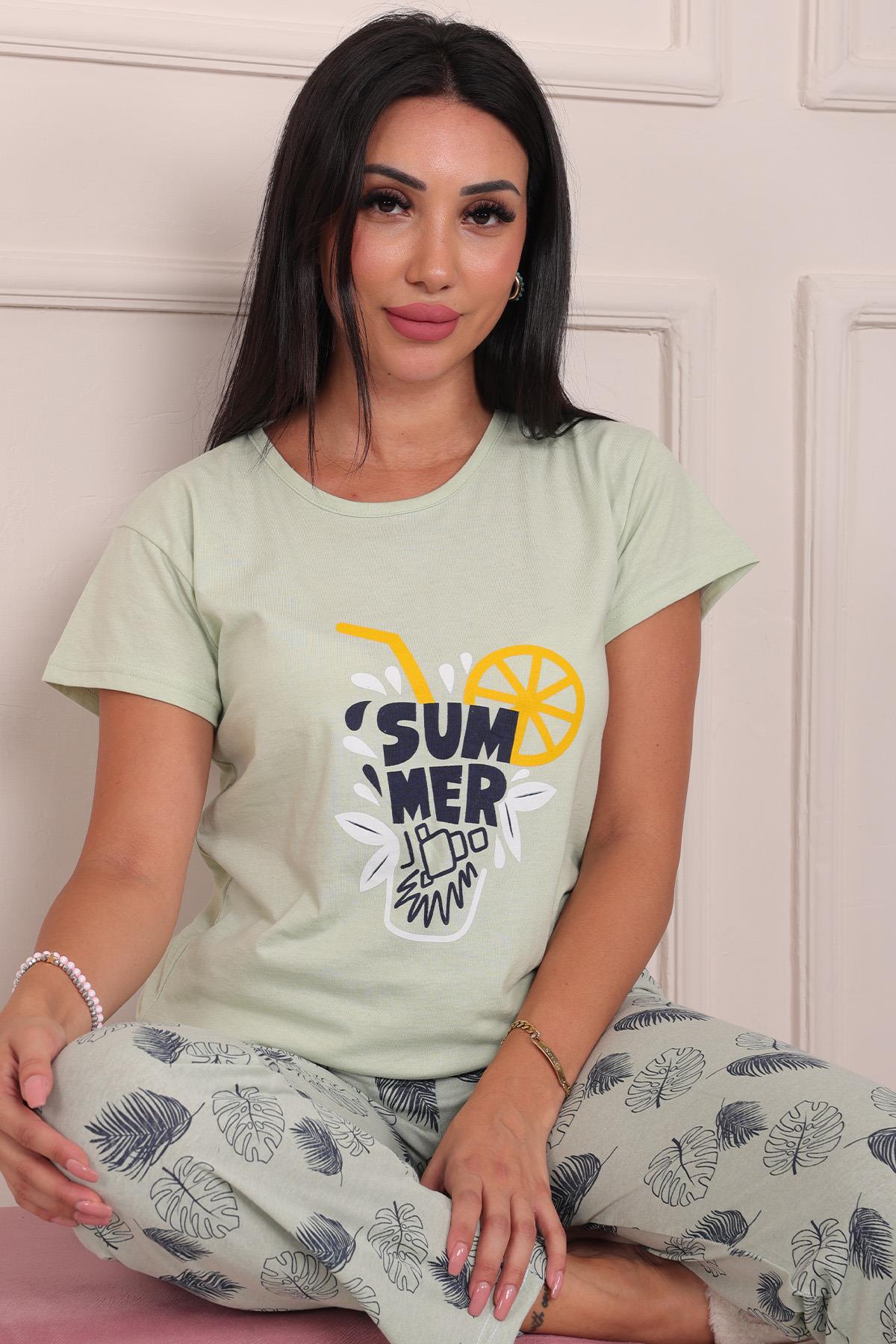 Summer Sloganlı Kısa Kol Alt Uzun Pijama Takımı Mint
