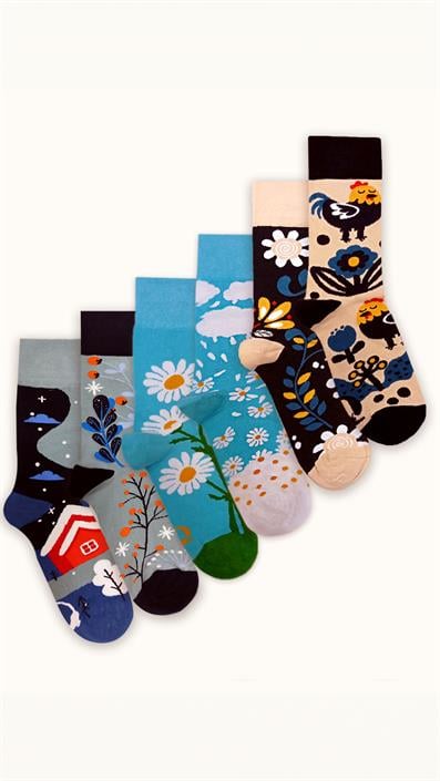 6 UNISEX PATTERNED COTTON SEAMLESS SOCKS BEIGE TURQUOISE BLUE TONES