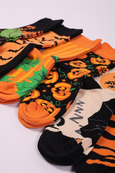 6 LI UNISEX DESENLİ PAMUKLU DİKİŞSİZ SOKET ÇORAP SİYAH TURUNCU