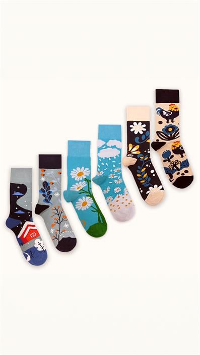 6 UNISEX PATTERNED COTTON SEAMLESS SOCKS BEIGE TURQUOISE BLUE TONES