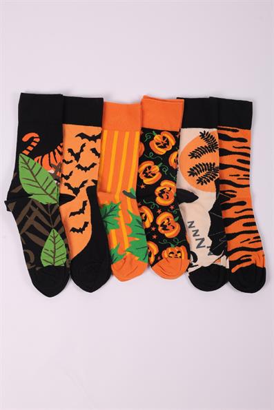 6 LI UNISEX DESENLİ PAMUKLU DİKİŞSİZ SOKET ÇORAP SİYAH TURUNCU