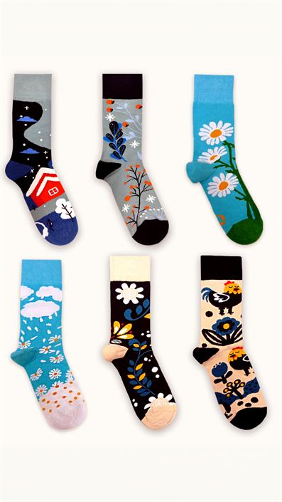 6 UNISEX PATTERNED COTTON SEAMLESS SOCKS BEIGE TURQUOISE BLUE TONES