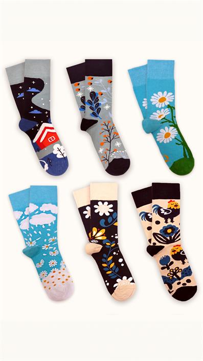 6 UNISEX PATTERNED COTTON SEAMLESS SOCKS BEIGE TURQUOISE BLUE TONES