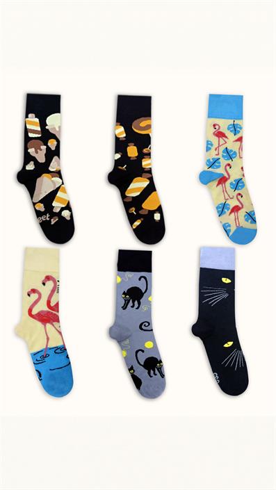 6 UNISEX PATTERNED COTTON SEAMLESS ANKLE SOCKS BLACK GRAY YELLOW BLUE